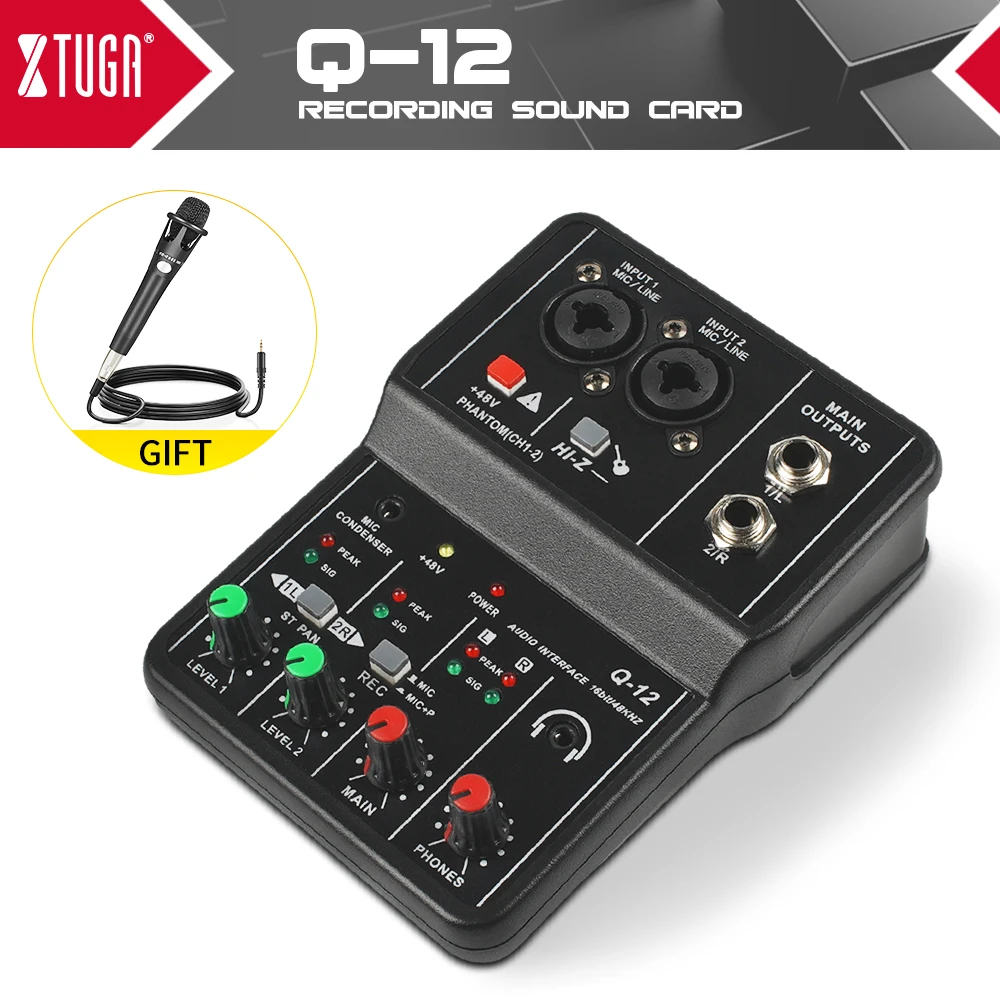 XTUGA Q12 Audio Interface Sound Card with Monitoring,Electric Guitar Live Recording Professional