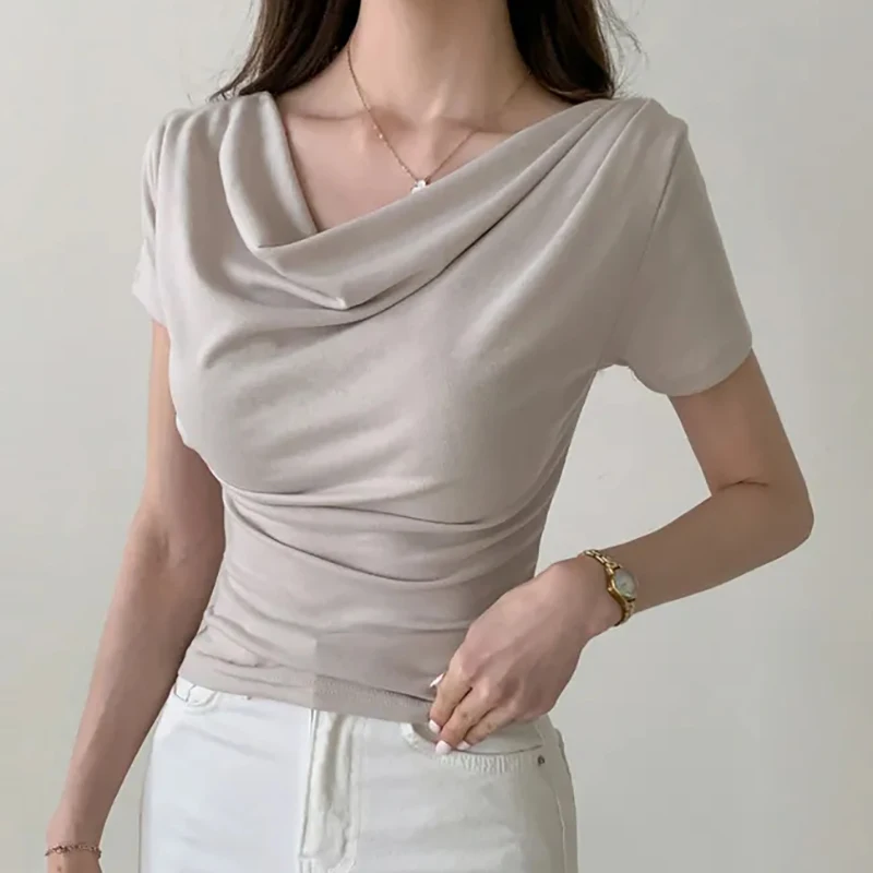 

Folds V-Neck Crop Top T Shirt Women T-Shirts Womens Clothing 2024 Summer Tops Slim Short Sleeve Tee Shirt Femme Camisetas Mujer
