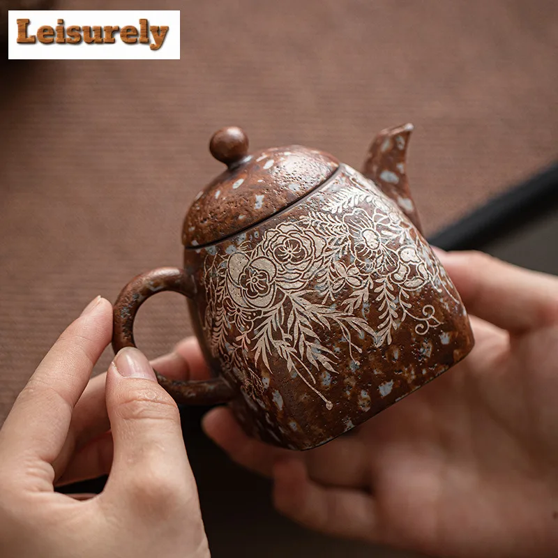 180ML Gilded Silver Blooming Flowers Old Rock Mud Teapot Zen Tea Infuser Pot Tea Soaking Kettle With Strainer Tea Set Ornaments
