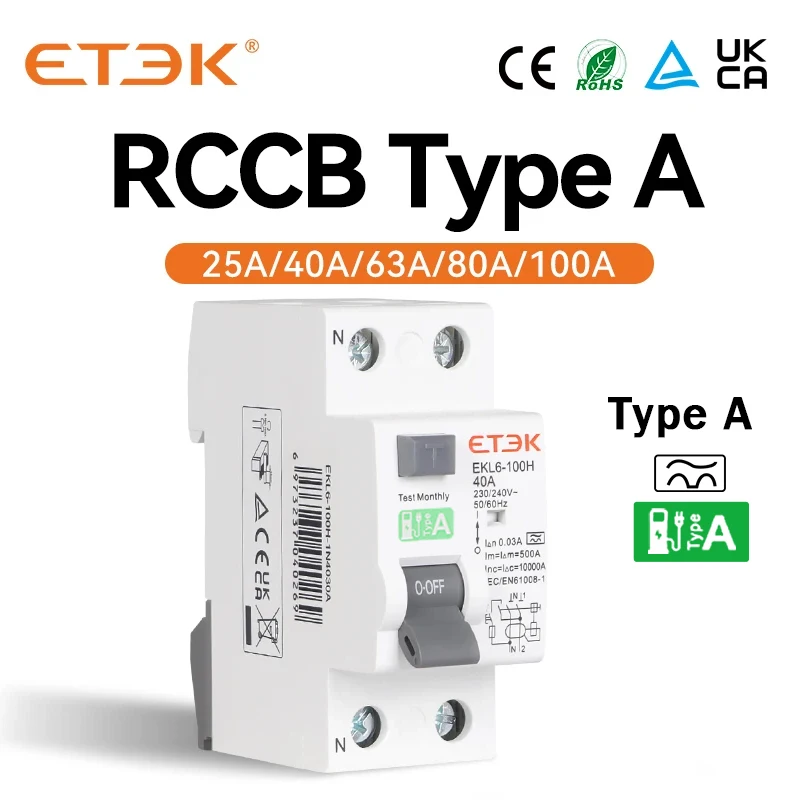 ETEK RCD RCCB النوع A الكهروميكانيكي أخيرًا قطاع دارة التيار المتردد نوع 2 القطب 10KA 25A 40A 63A 80A 100A 230V 30ma EKL6-100H