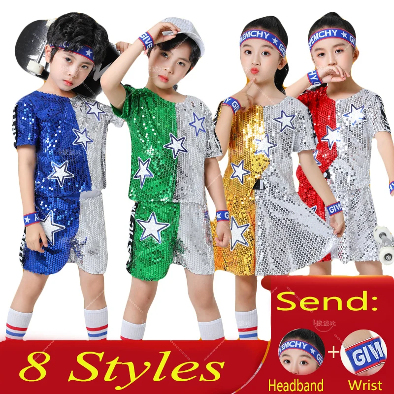 Children's Dance Sequin Costumes, Jazz Hip-hop School Activity Performance Costumes, Short Sleeved Tops and Skirts