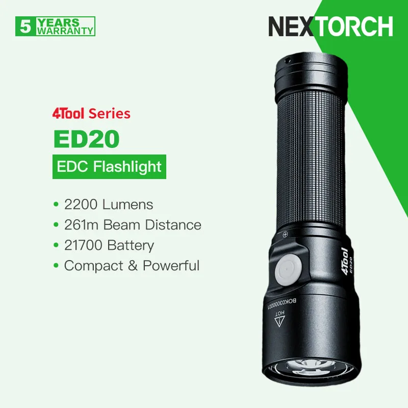 

Nextorch 4Tool ED20 Portable LED Flashlight, 2200 Lumens, 21700 Battery, 120hs Long Run Time, Type-C Direct Rechargeable, EDC