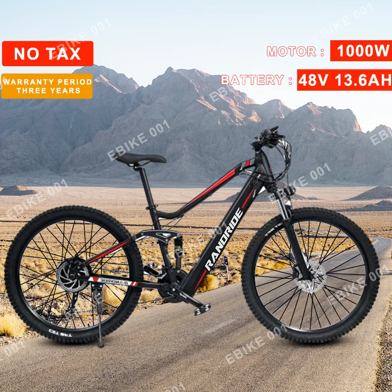 RANDRIDE 전기 자전거 탈착식 리튬 배터리, 도시 Ebike 27 기어, 산악 전기 자전거 서스펜션 포크, Y90, 1000W, 27.5 인치 