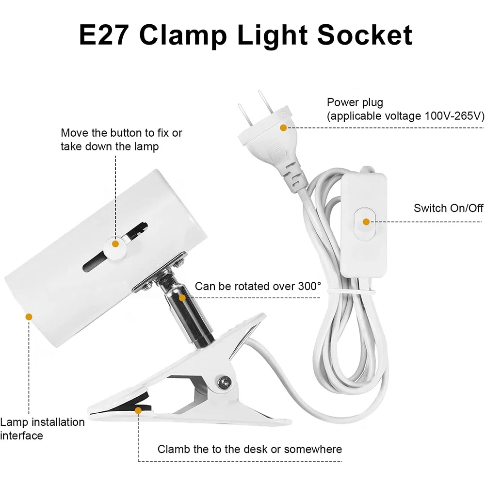 E27/E26 300&deg; Adjustable Desk Clip Lamp Holder 1.5M