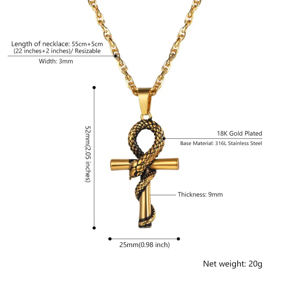 U7 Egyptian Ankh Cross Snake Pendant 