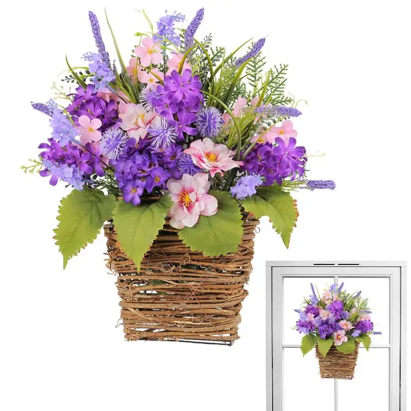 

Artificial Lavender Flowers Hoop Wreath Durable Faux Purple Lavender Hanging Baskets Spring Window Door Garland for Home decor