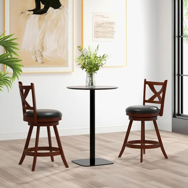 Bar Stools Set of 2, 30" Bar Height Stools with Back, Solid Rubber Wood Frame, Leather Padded Seat, Vintage Upholstered Armless
