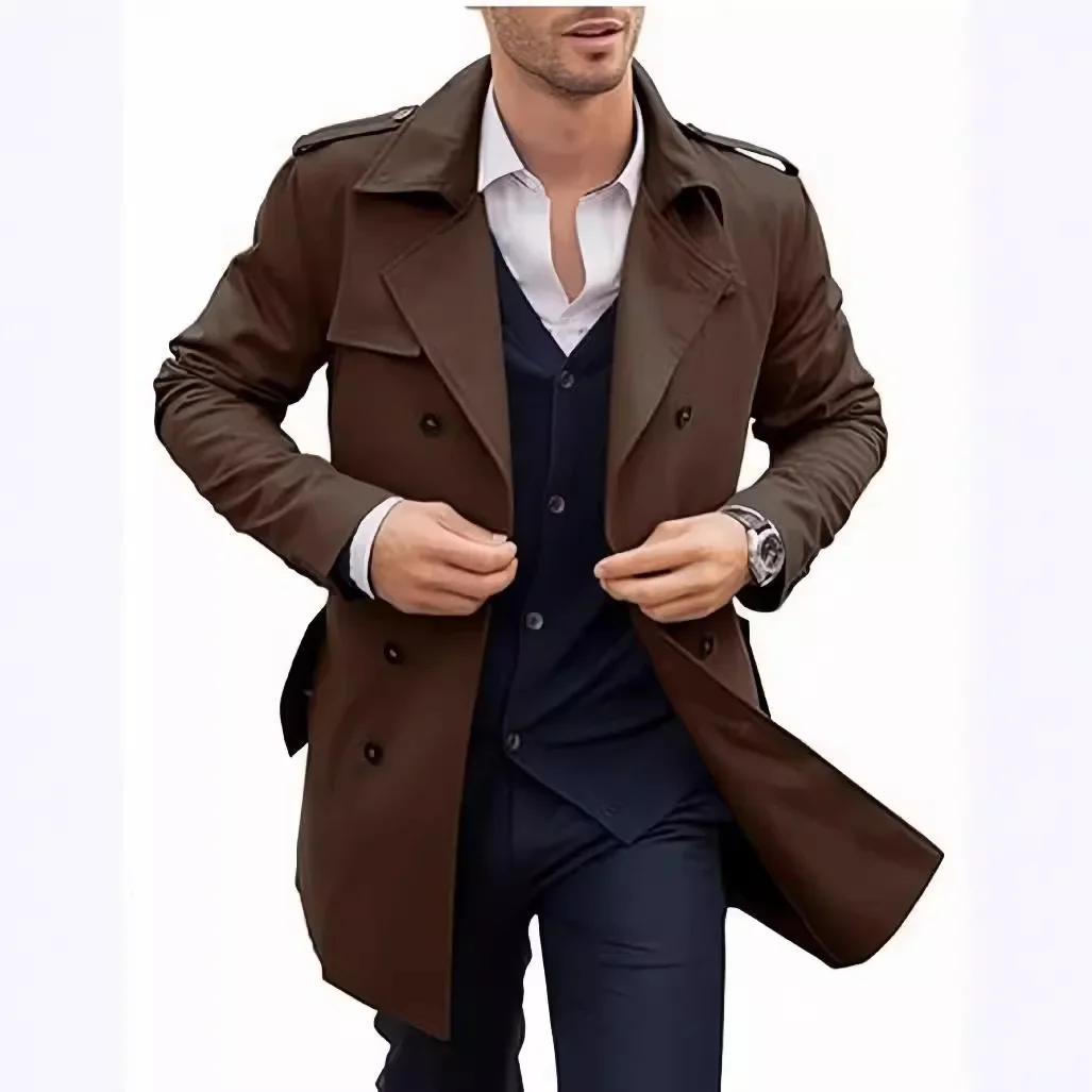 Men Autumn Winter Double-breasted Casual Trench Coat Long Sleeve Coats Jacket Trench