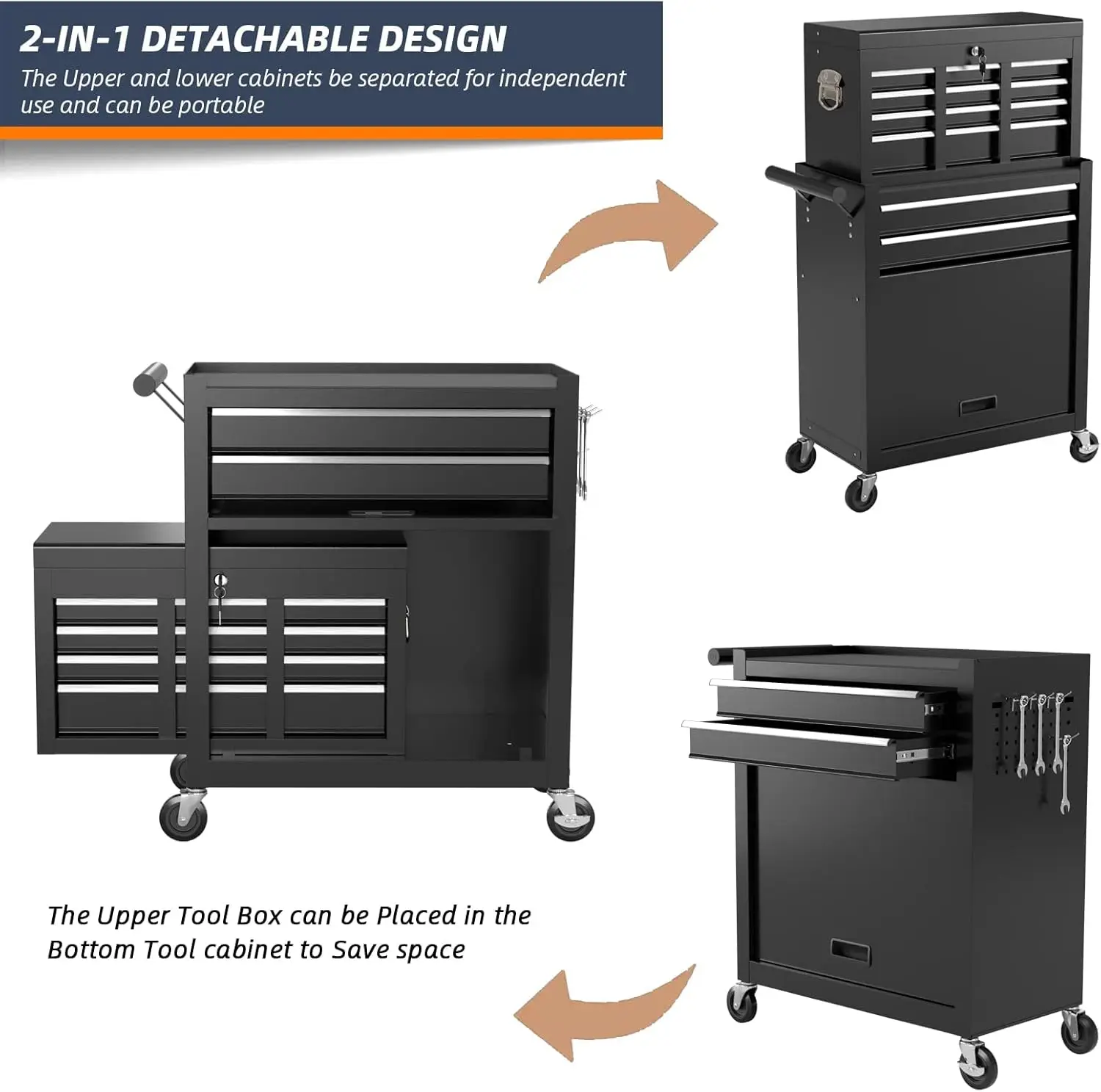 High Capacity Rolling Tool Box, Removable Cabinet Storage Tool Chest with Wheels and Drawers, Detachable Toolbox with Lock for 6