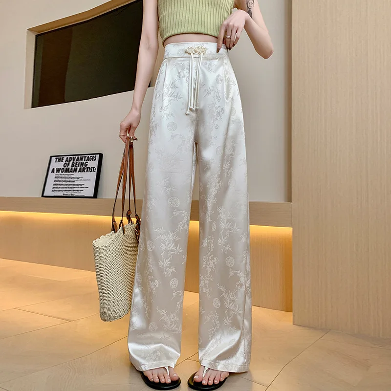 New Chinese Style Button Up Pants for Women's Summer Thin High Waisted Straight Leg Ice Silk Satin Jacquard Wide Leg Pants