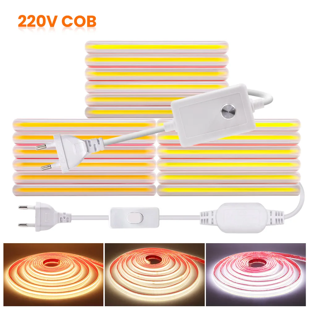 220V Dimmable COB LED Strip Light Flexible Tape with Dimmer Switch Power Kit 288 LEDs High Density Linear Lighting Waterproof ip68 waterproof cob led strip with power supply tuya smart wifi dimmer 320leds m high density dc 12v 24v flexible tape linear