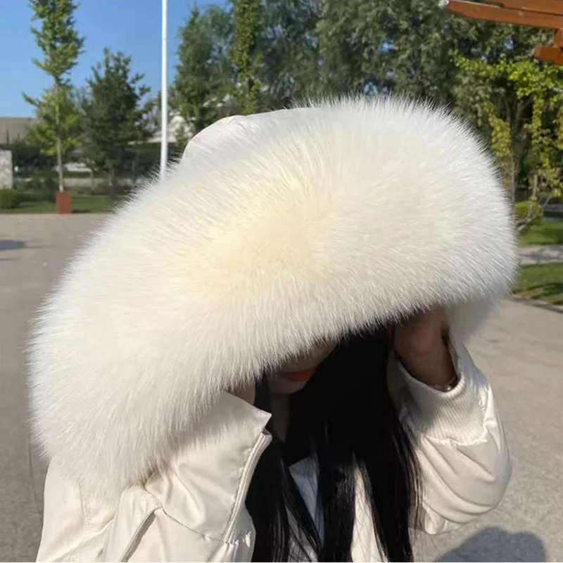 Winter 100% Real Fox Fur Straight Collar Winter Natural Hood Trims Decor Scarf For Coat Parkaks Warm Scarves Luxury Female Shawl 3