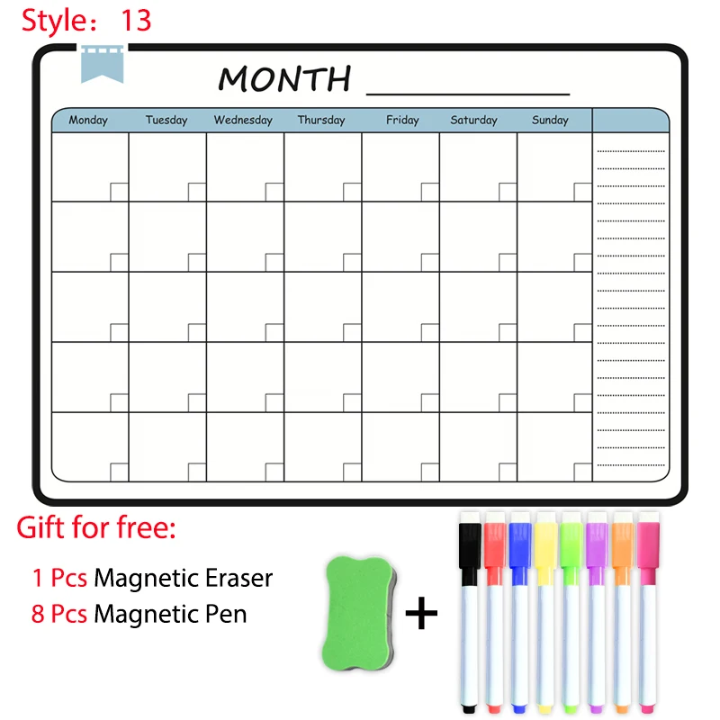 לוח שנתי שבועי חודשי מגנטי בגודל A3 למחיקה יבשה לוח שנה לוח שחור מדבקת מקרר לוח הודעות תפריט
