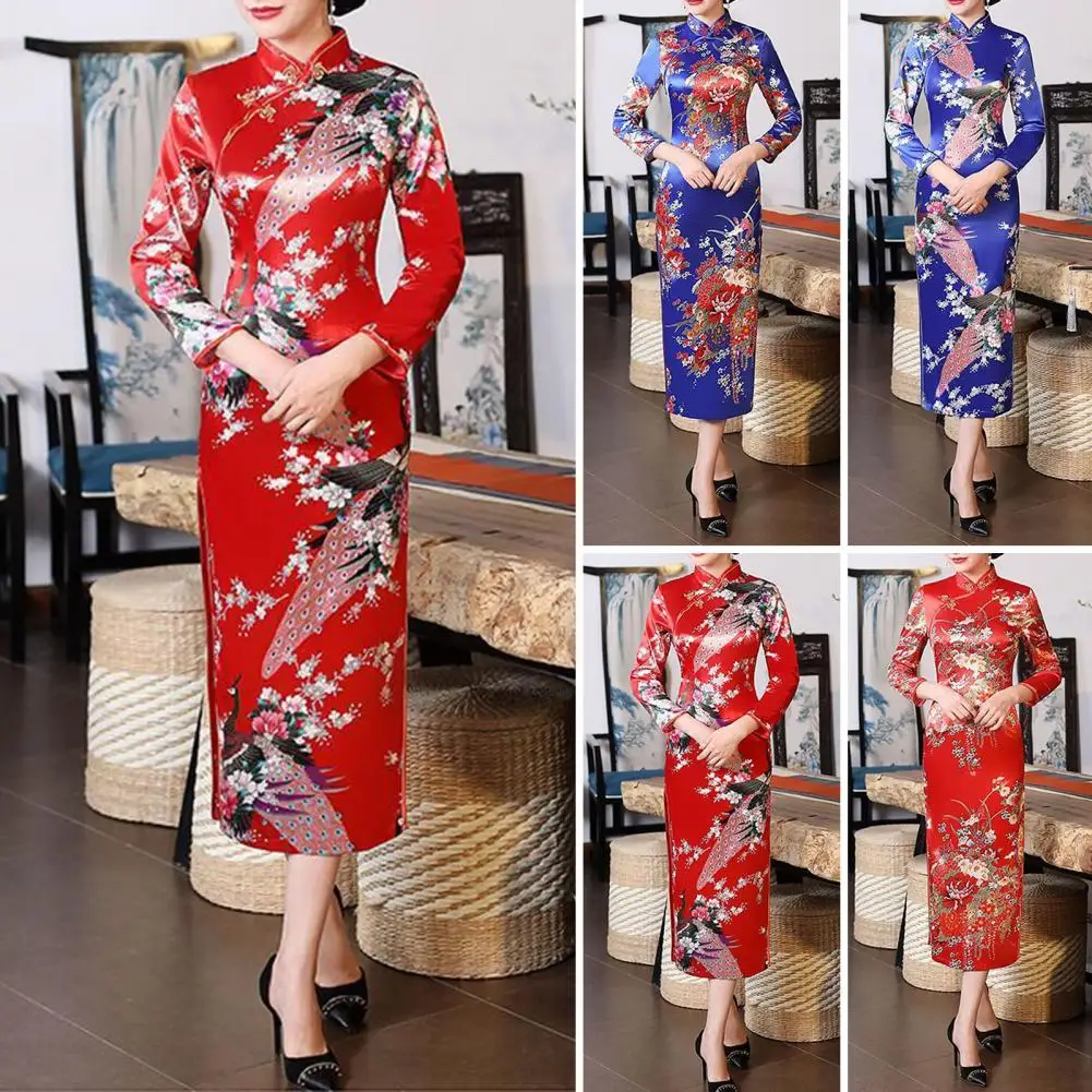 Women Dress Chinese National Style Three Quarter Sleeves High Side Split Cheongsam Satin Silky Slim Fit Summer Spring Qipao