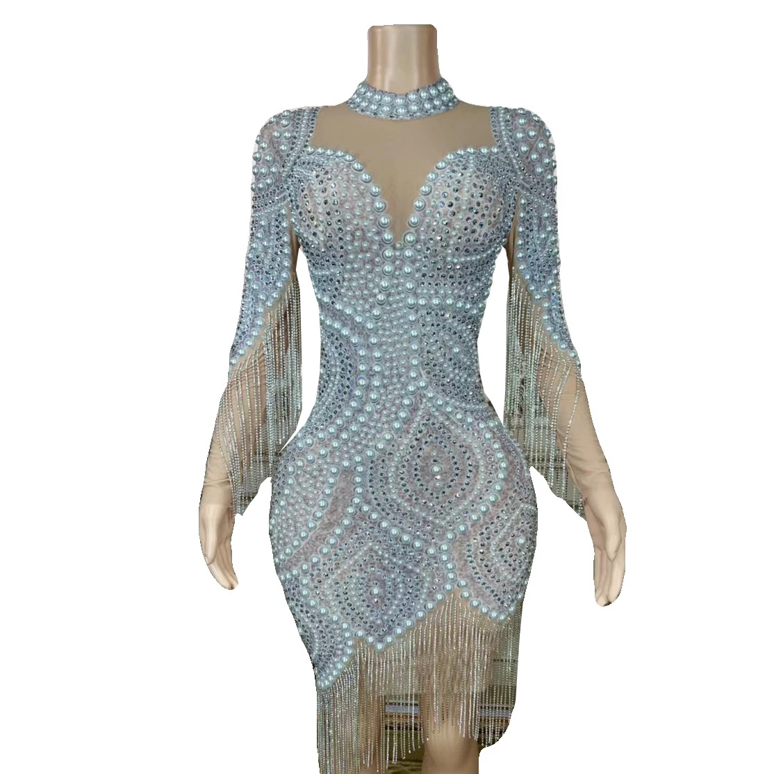 

Rhinestone Sexy Sparkly Pearl Mini Mesh Dress Women Birthday Singer Dance Costume