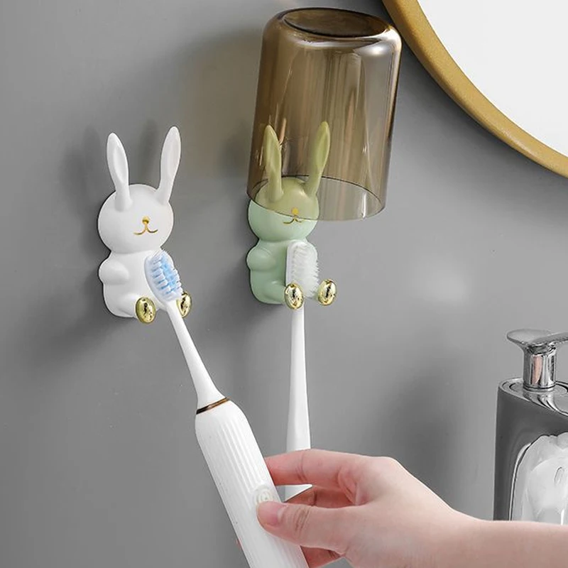 Cute Rabbit Toothbrush Holder Punch-free Toothbrush Shelving Strong Adhesive Wall Hook Multifunctional Power Plug Holder Hanger