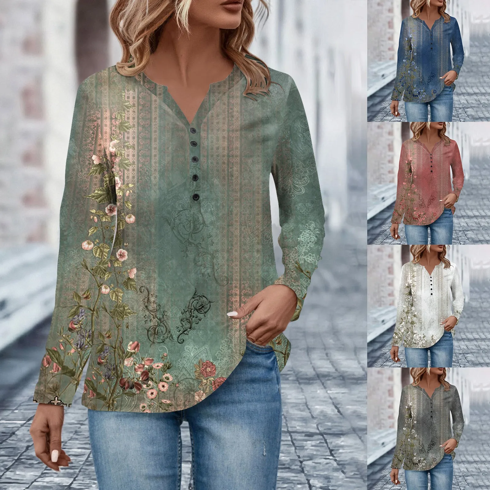 

Tee Shirts Womens Fall Ethnic Floral Baggy Bohemian Tops Long Sleeve Henley Neck V Neck Button Down Shirts Sweatshirt