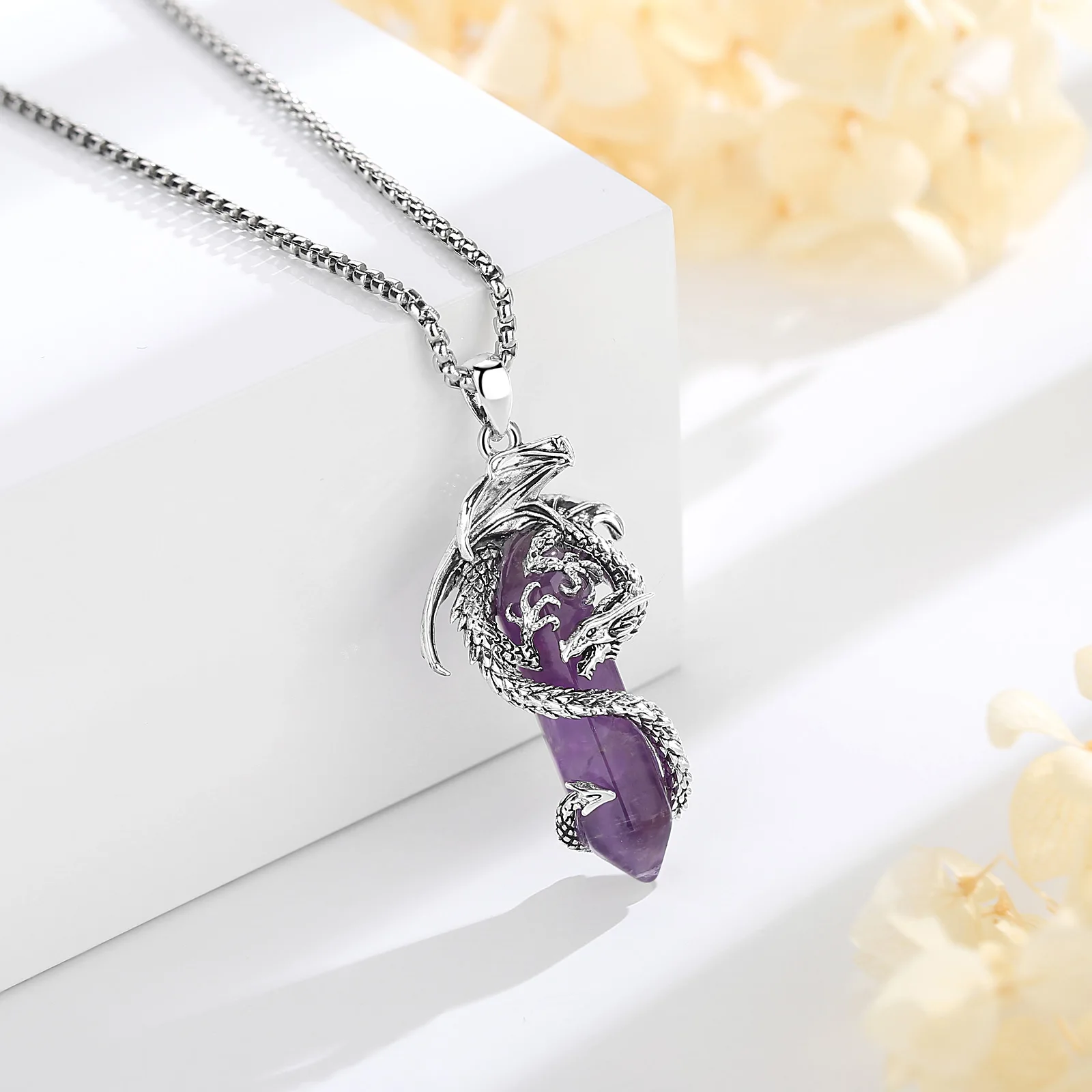 Eudora Dragon Wrapped Amethyst Necklace Hexagonal Healing Stone