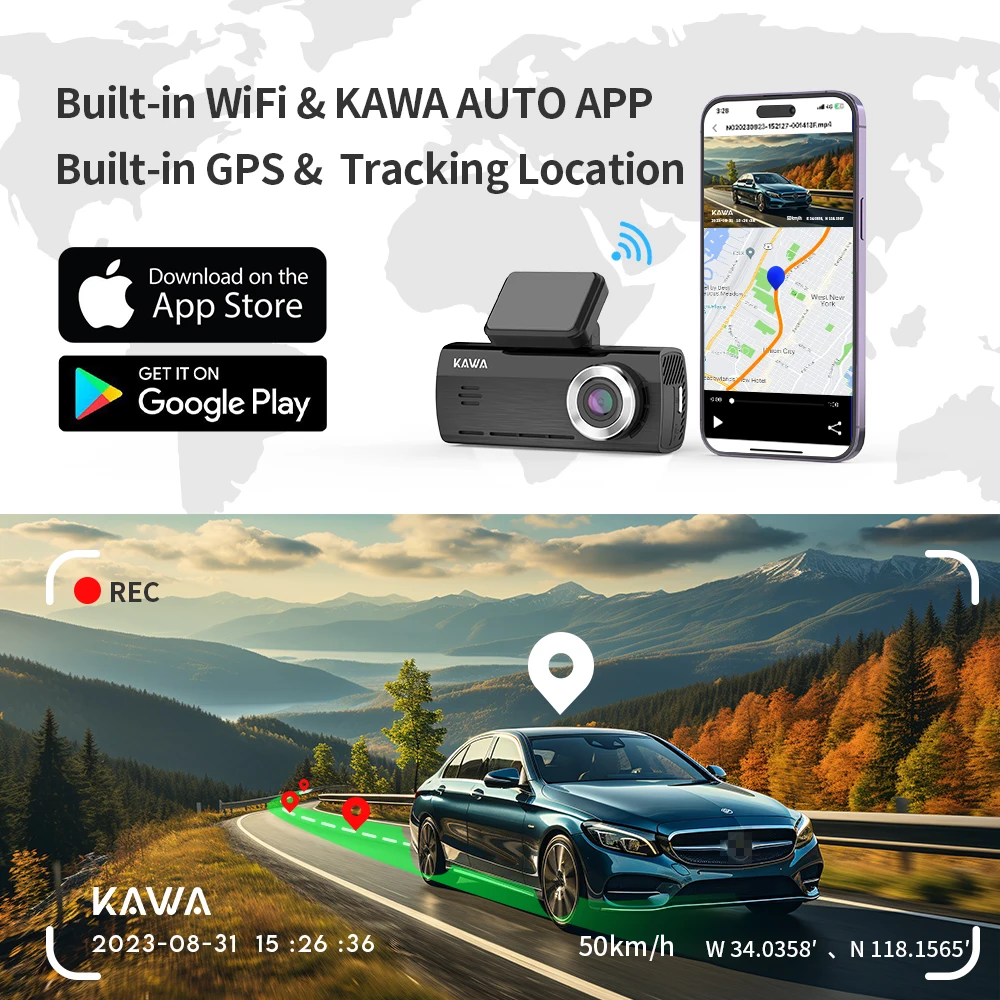 KAWA 차량용 대시 캠, 4K 전면 및 1080P 후면 카메라 DVR, 차량용 비디오 녹음기, IMX415 음성 제어, GPS 와이파이, 24 시간 주차