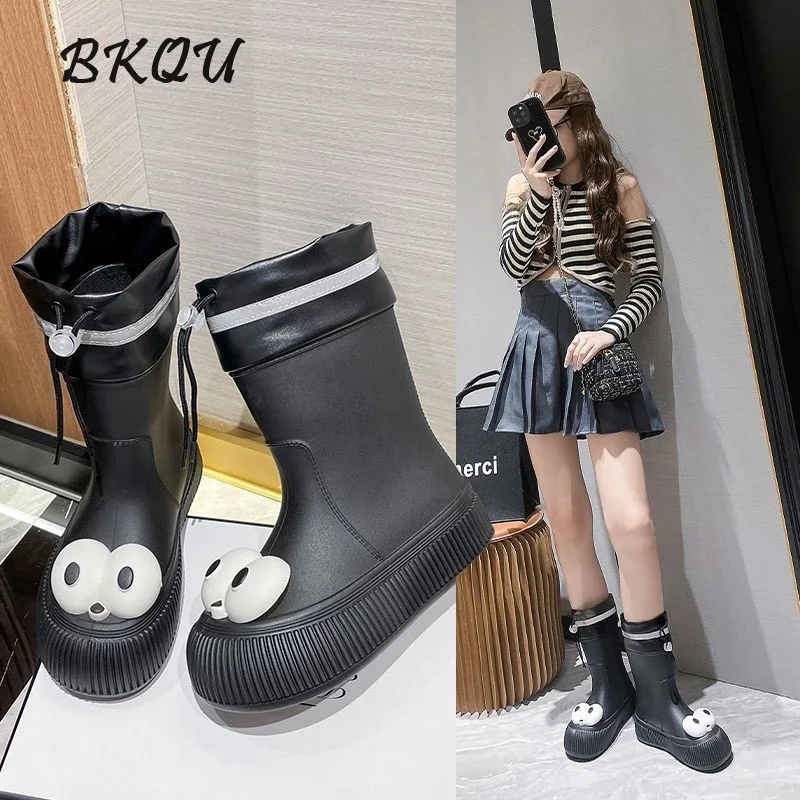 BKQU 2024 Cute Plus Fleece Adult Fashion Outside To Wear Cute Middle Anti-slip Rain Boots Wear-resistant Waterproof Rubber Shoes