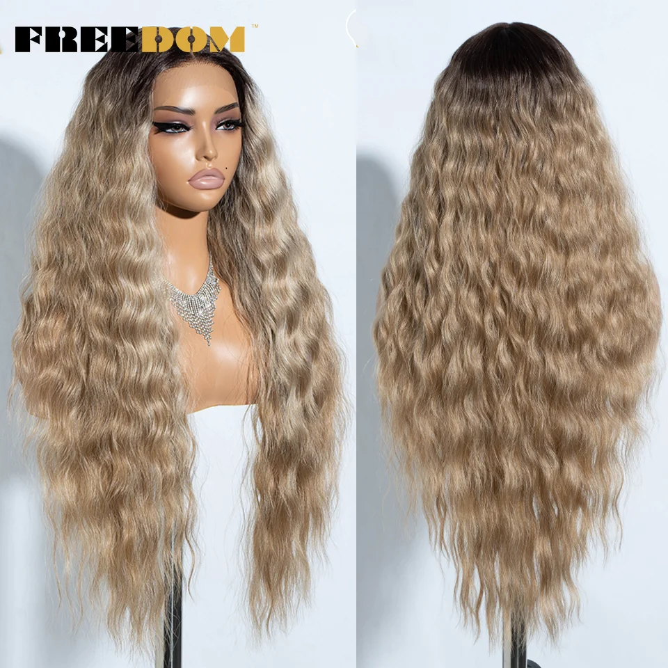 FREEDOM Curly Wavy Synthetic Lace Front Wig 30" Ombre Brown Blonde Lace Wigs For Women Highligt Daily Party Wig US Local Ship 2