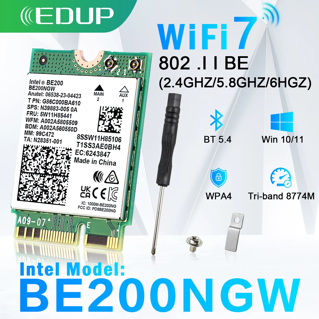 

EDUP WiFi7 Intel BE200 Network Card 8774Mbps Wifi Adapter Bluetooth 5.4 Tri Band 2.4G/5G/6GHz BE200NGW M.2 NGFF Wireless Adapter