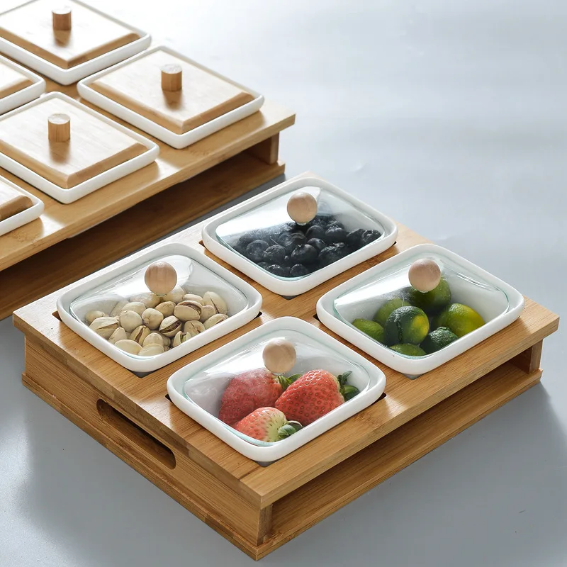 

Ceramic Dried Fruit Box Snack Platter European-style Creative Grid with Lid Melon Seed Plate Home Living Room Candy Nut Box