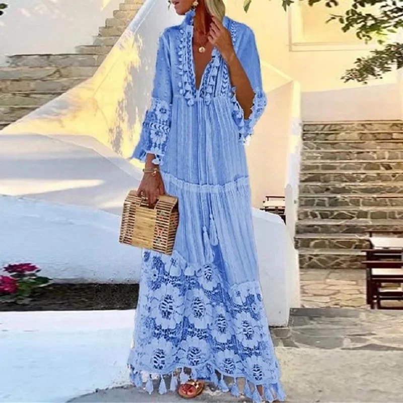 Vestidos bohemios de chiffon con falda escalonada y escote en V profundo Jade Tallas Grandes