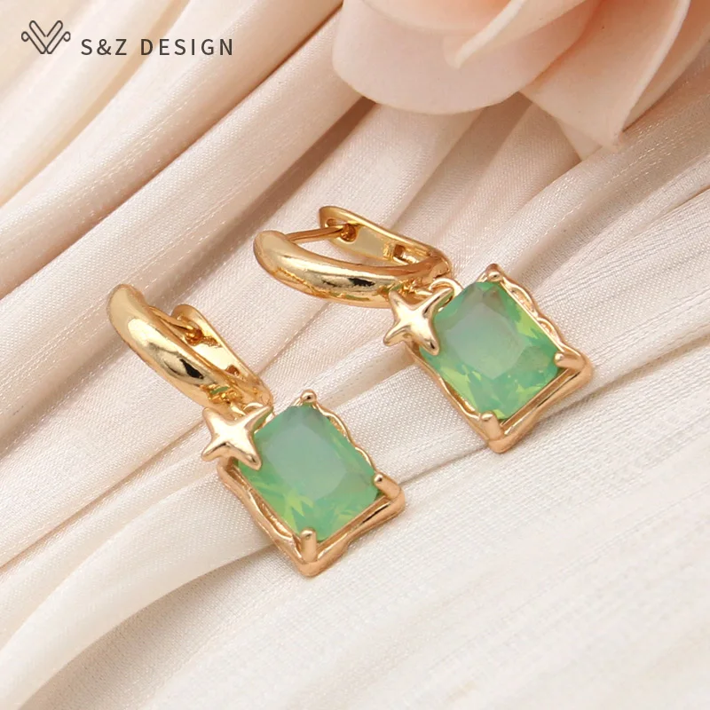 S&Z DESIGN New Fashion Rectangle Green Artificial Crystal Dangle Earrings For Women Trendy Elegant Champagne Gold Color Jewelry
