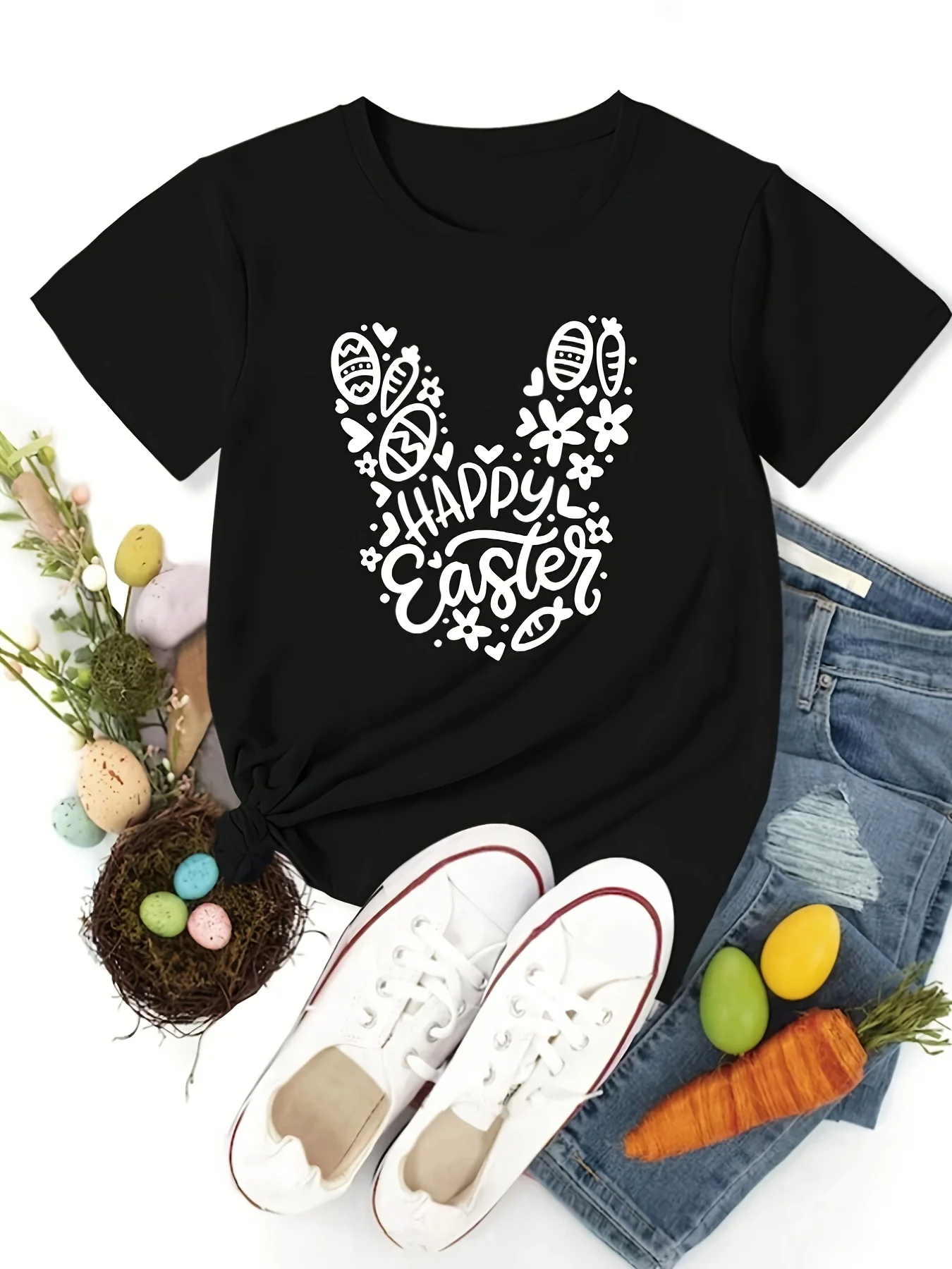 

Easter Rabbit Graphic Short Sleeves Sports Tee, Round Neck Workout Causal T-shirt Top, Women's Activewear