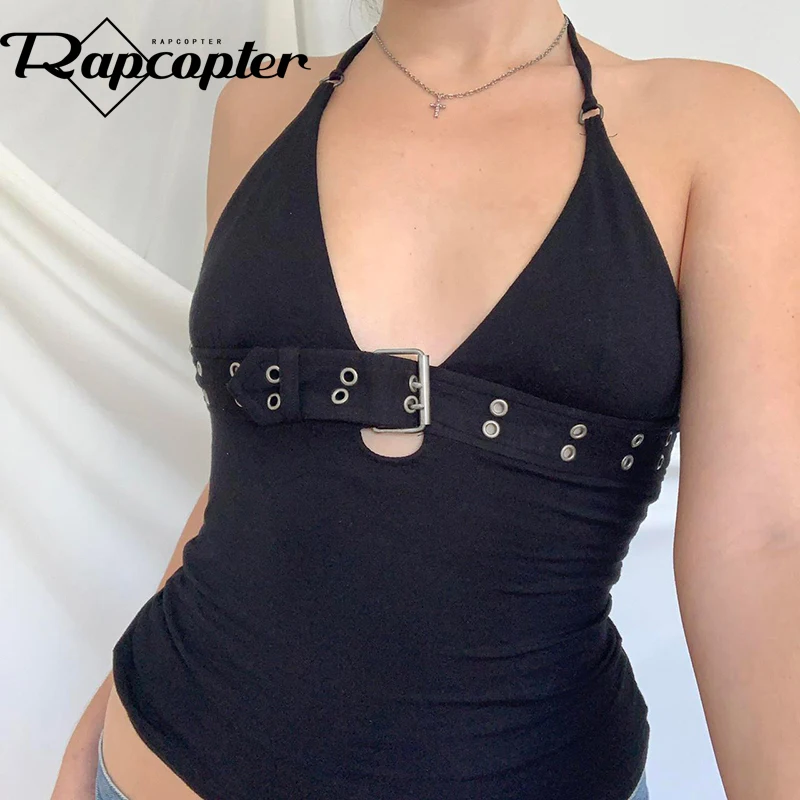 

Rapcopter y2k Bandage Crop Top Black Backless Halter Top Lace Up Cute Party Beach Summer Sweats Women Retro Basic Mini Vest Punk