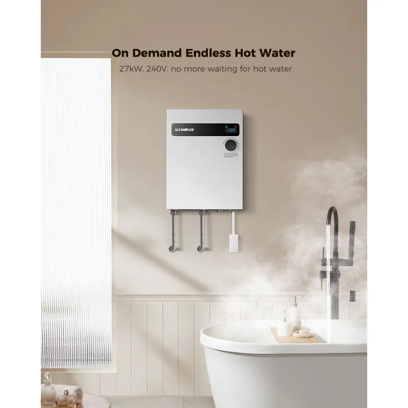 CAMPLUX Electric Tankless Water Heater 27kW 240V, Instant Hot Water Heater, Self-modulating Technology
