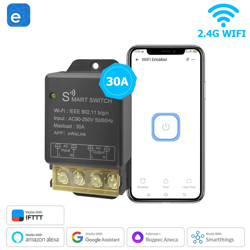 Ewelink Wifi Interruptor Inteligente Relé sem Fio Aquecedor Geyser Motor Timing Controle de Voz Alexa Google ac 110v 220v 30a