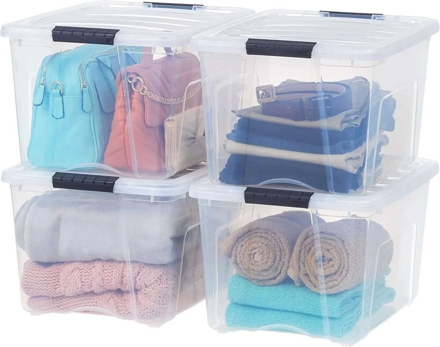 

40 Qt Stackable Plastic Storage Bins with Lids, 4 Pack - BPA-Free, Latches, Durable Nestable Containers, Secure Pull Handle