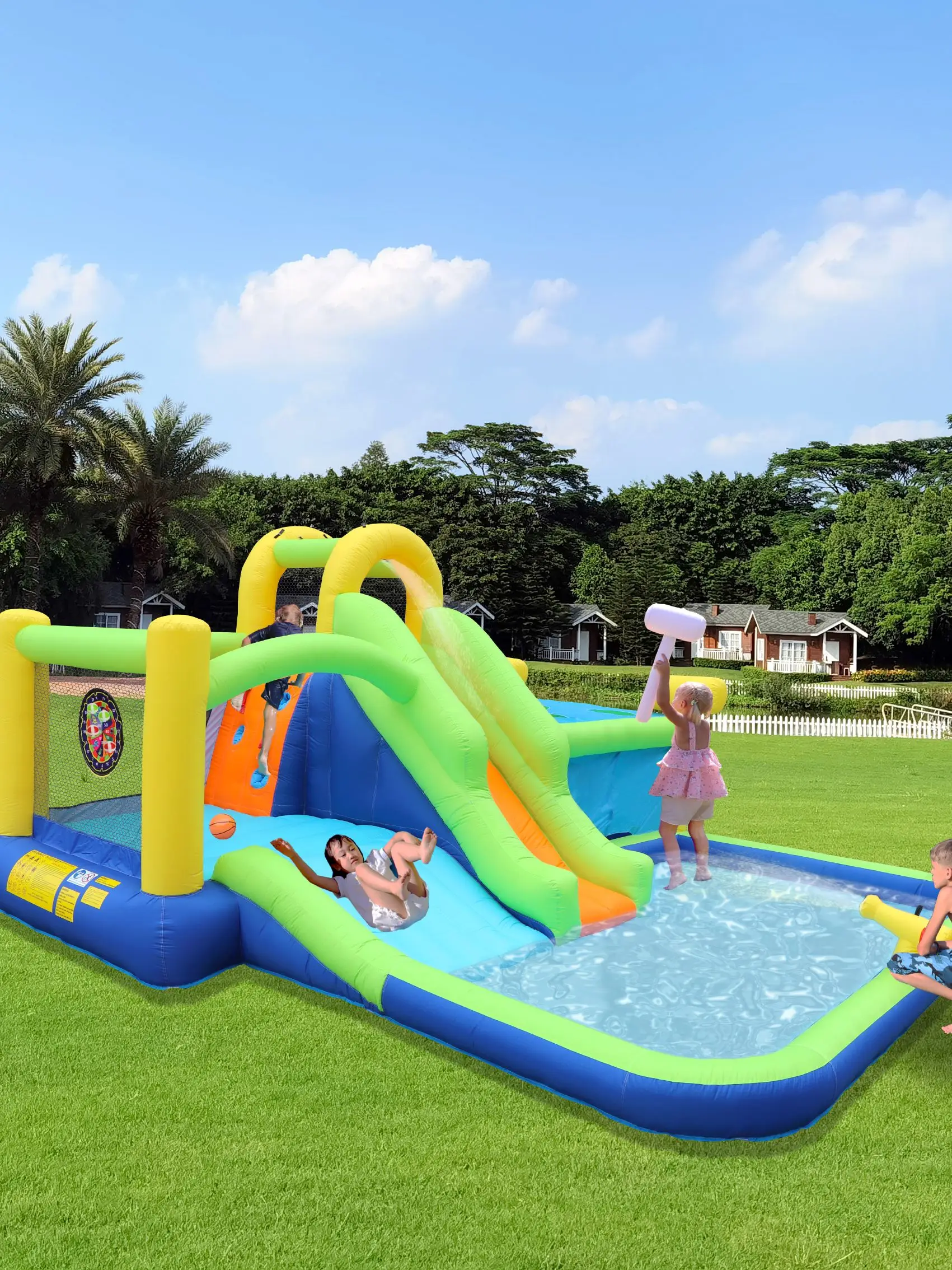 7 in1 Inflatable slide water park bouncing house outdoor garden bouncer with Whack a mole games & Splash pool & Target games & W 4