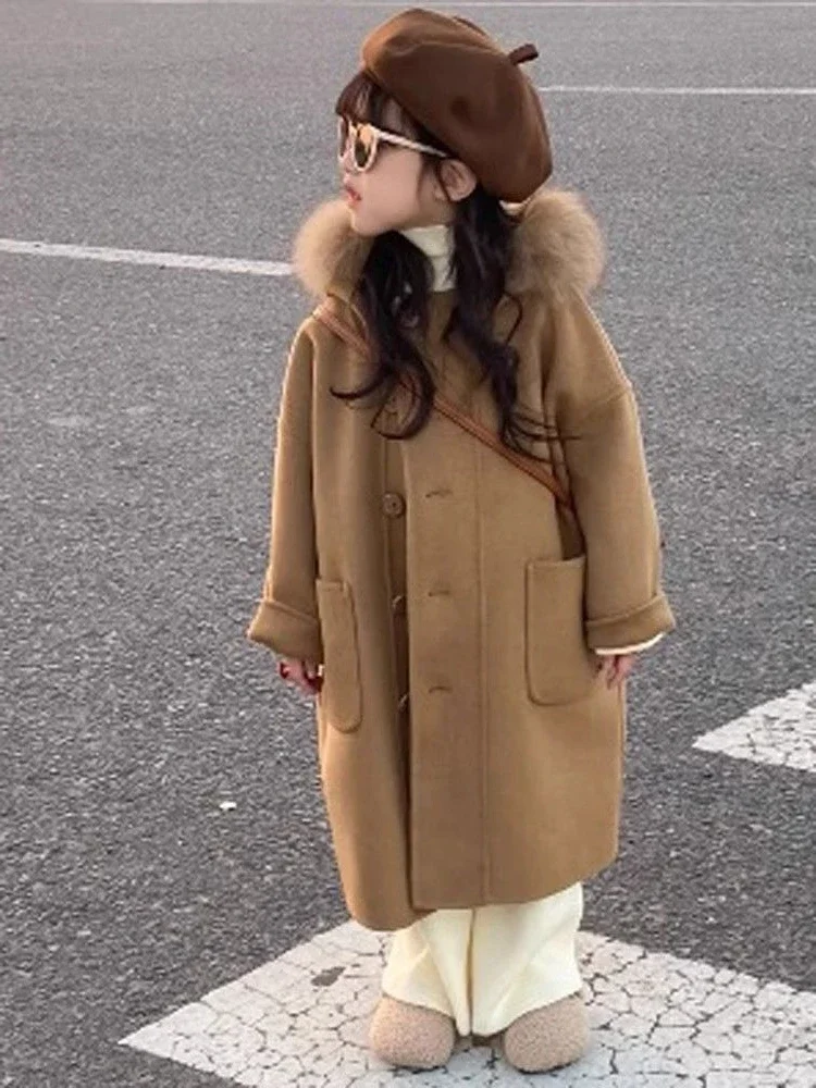 Girls Winter Coat Girls Outerwear Wool Korean Girls Hooded Woolen Collar Soild Overcoat Autumn Spring