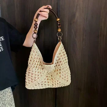Borsa a secchiello in paglia intrecciata traforata, grande capacità, stile bohémien, borsa a tracolla da spiaggia per le vacanze