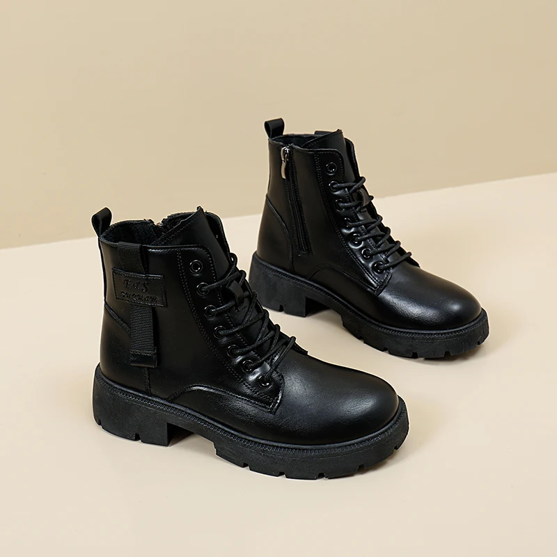 

Women's Ankle Fashion Boots Low Heel Platform Chunky Sole Lace Up Side Zipper Combat Biker Boots