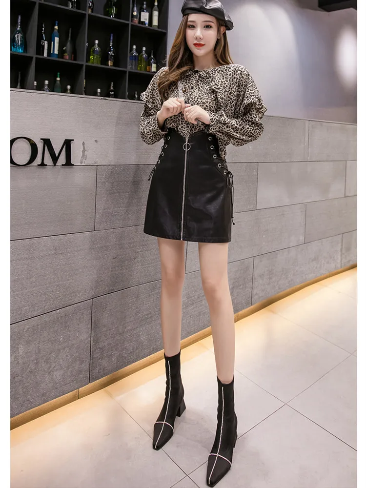 

Женская юбка-карандаш из искусственной кожи, черная офисная мини-юбка на молнии с перекрестными лямками и высокой талией, осень 2023