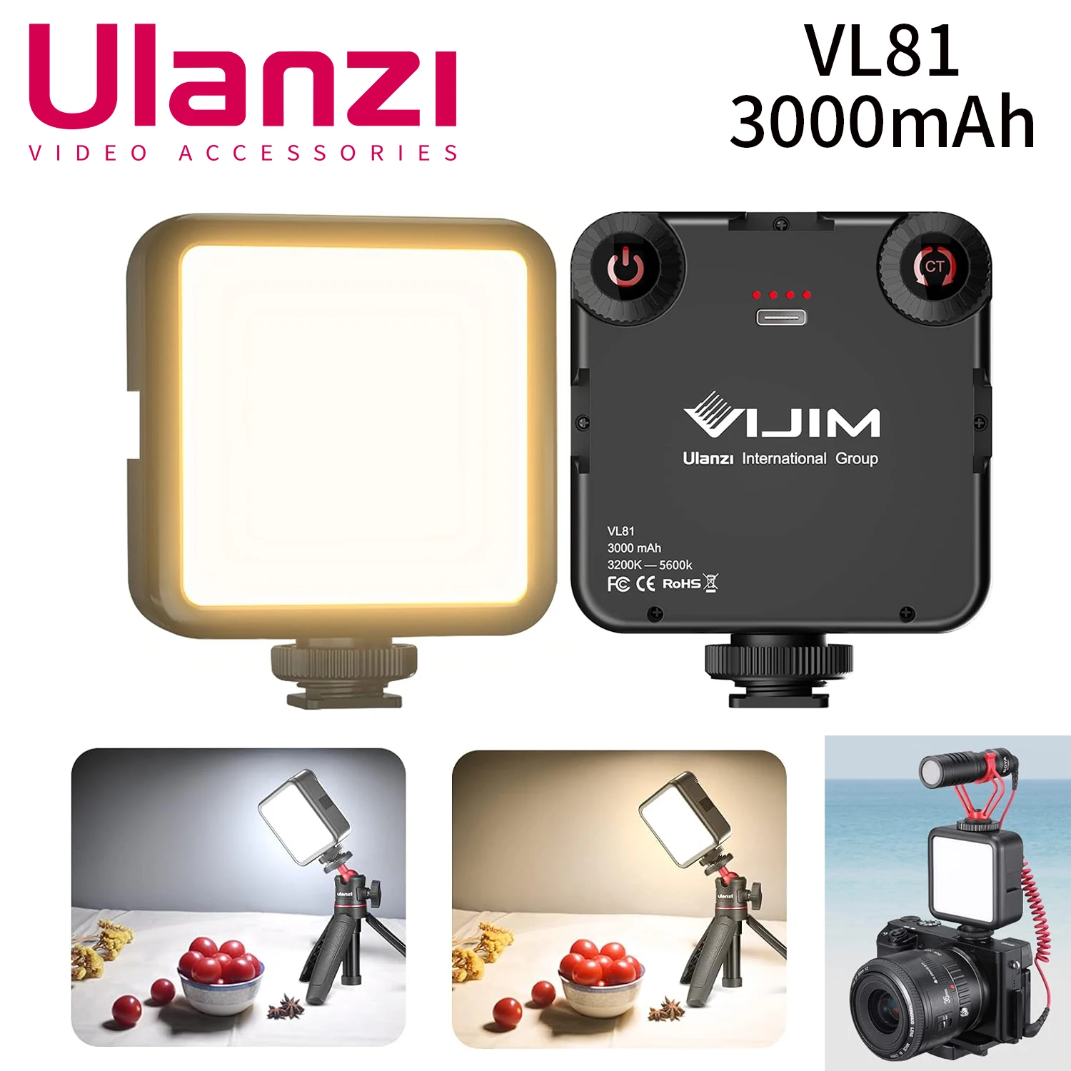UlanziVL81LEDVideoLightOnCameraLightwith3ColdShoeRechargeable3000mAhBattery