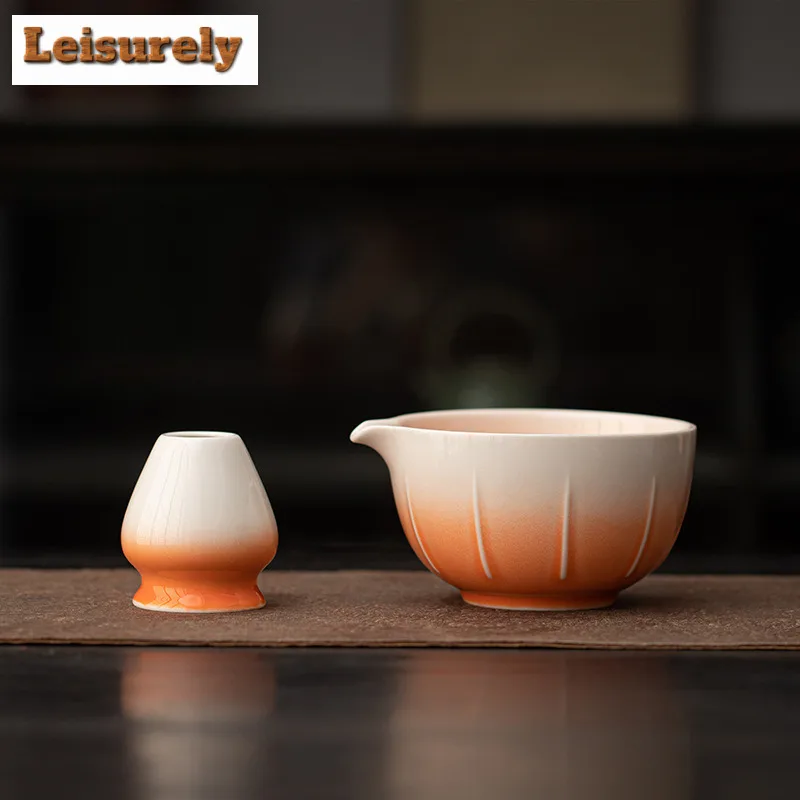 2PCS Melon Edge Gradient Matcha Brewing Cup With Pouring Spout Reusable Matcha Bowl Set Food Grade Japanese Green Tea Bowl Gifts
