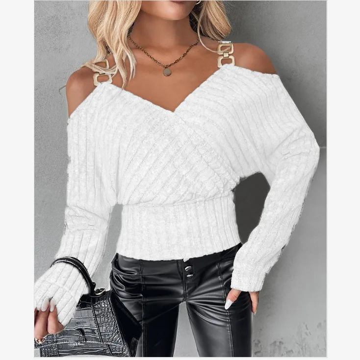 

Осенне-зимняя новая футболка с V-образным вырезом и длинным рукавом с открытыми плечами с металлической пряжкой дизайнерская футболка Блузки топ свитера кофта