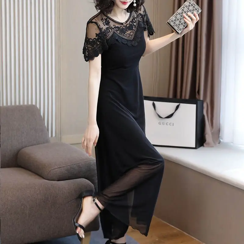 

Femme Net Yarn Dresses Summer Fashion Patchwork Lace Solid Color V-neck Short Sleeve Elegant Dress Women Clothes Fashionable