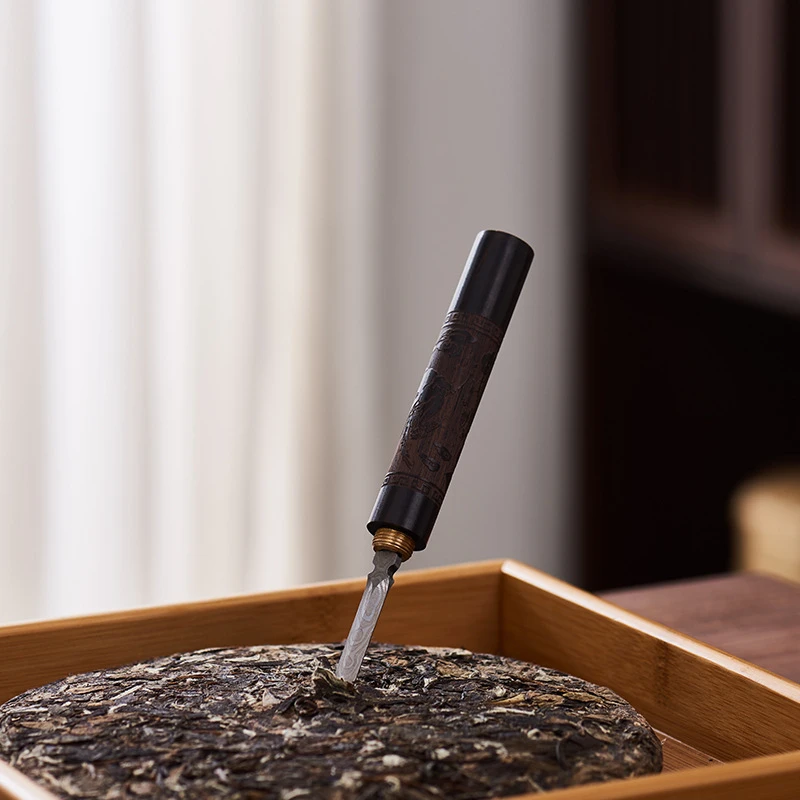 Damascus Tea Knife Pattern Steel Tea Needle Black Sandalwood Set Pry Accessories Pu'er Cake Opening Knife tea cutter,tea needle set