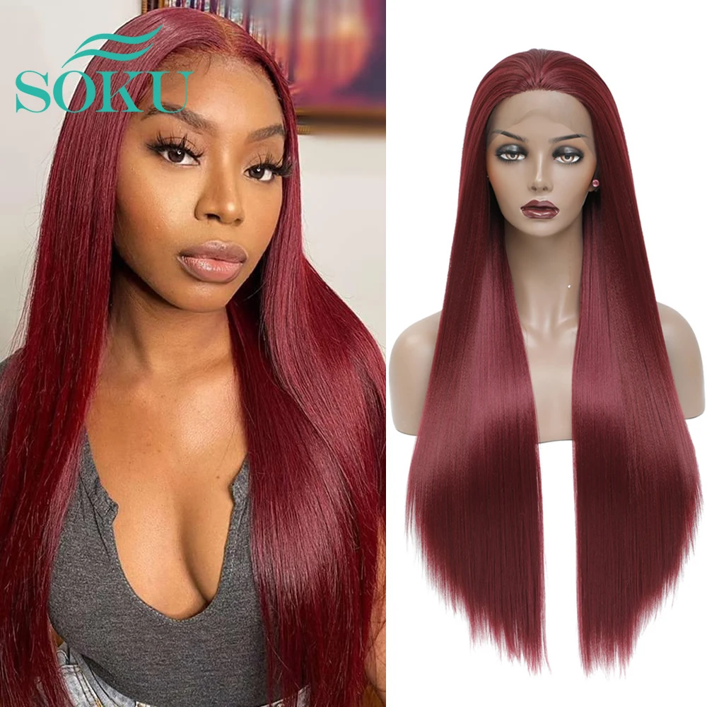 

3X13 Lace Front Burgundy Wig Synthetic Wig SOKU Free Part Wigs For Black Women 130% Density Lace Wig Cosplay Long Straight Hair