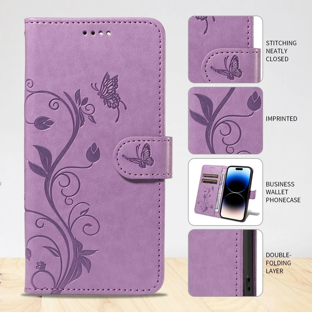 Elegant Butterfly Flower Leather Magnetic Flip Wallet Case - Premium Design