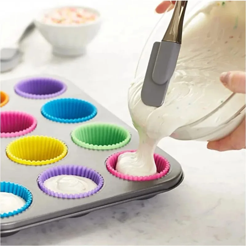 12pcs Round High Temperature Resistant Silicone Small Cake Cup Mold High Temperature Resistant Kitchen Baking Accessories