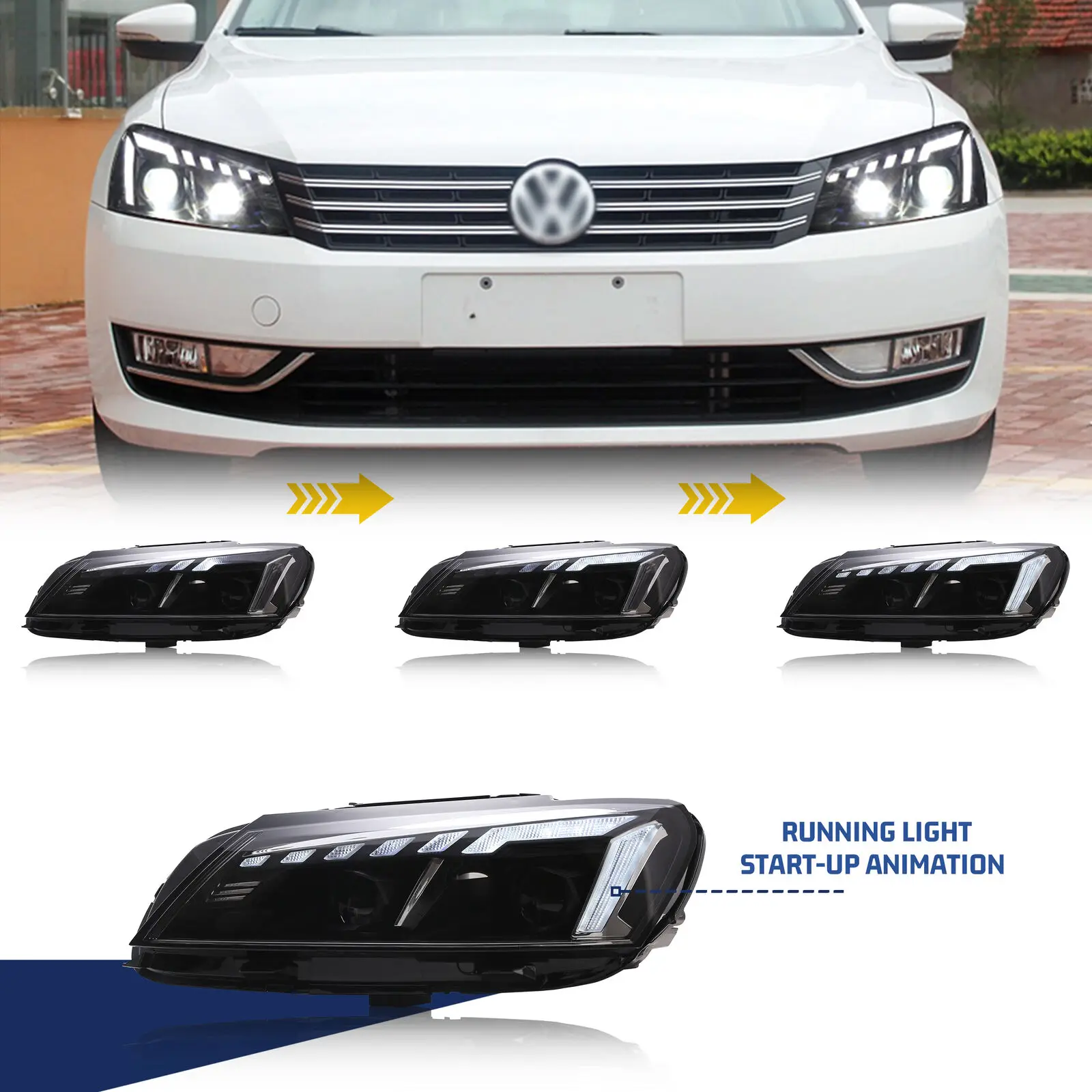 LED Headlights for Volkswagen VW Passat B7 2011-2015 With The Start Up  Animation Sequential Indicator Front Lamp Assembly