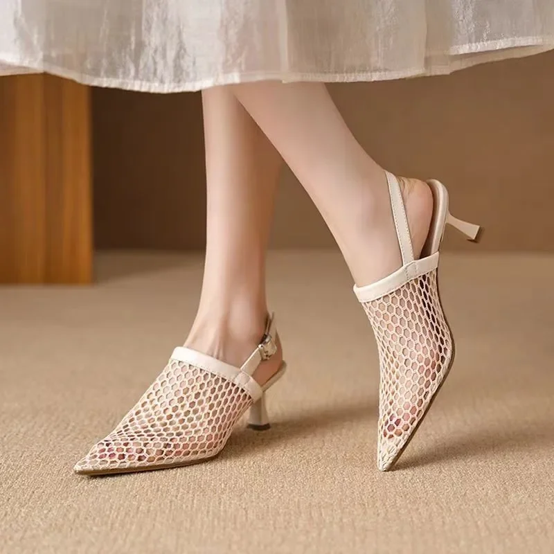 Fashion Hollow Breathable Mesh Pointed Toe Stiletto High Heels Women Pumps Summer Slingback Sandals