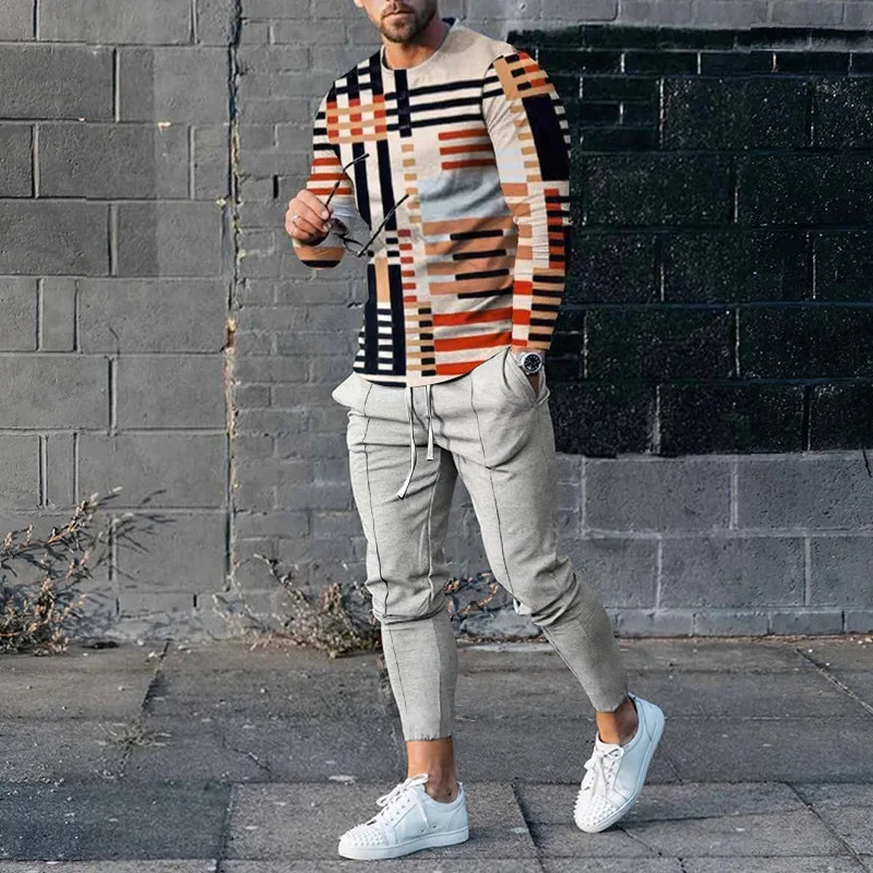 Men Jogger Sportswear 3D Print New Spring Autumn 2 Piece Sets Tracksuit Long Sleeve T-Shirt+Pant Sweatsuit Male Fashion Clothing